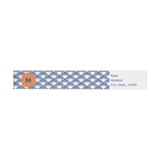Monogram Royal Blue Seigaiha Pattern with Orange Wraparound Address Label (Individual)