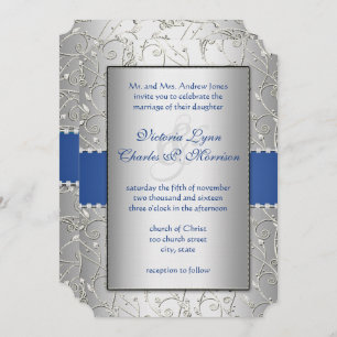 Monogram Royal Blue Silver Swirl Wedding Invitation