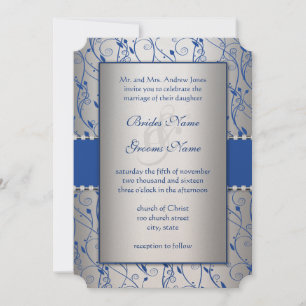 Monogram Royal Blue Silver Swirl Wedding Invitation