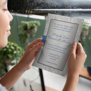 Monogram Royal Blue Silver Swirl Wedding Invitation