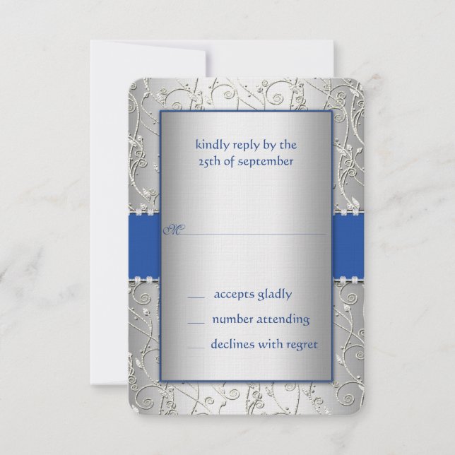 Monogram Royal Blue Silver Swirl Wedding RSVP Card (Front)