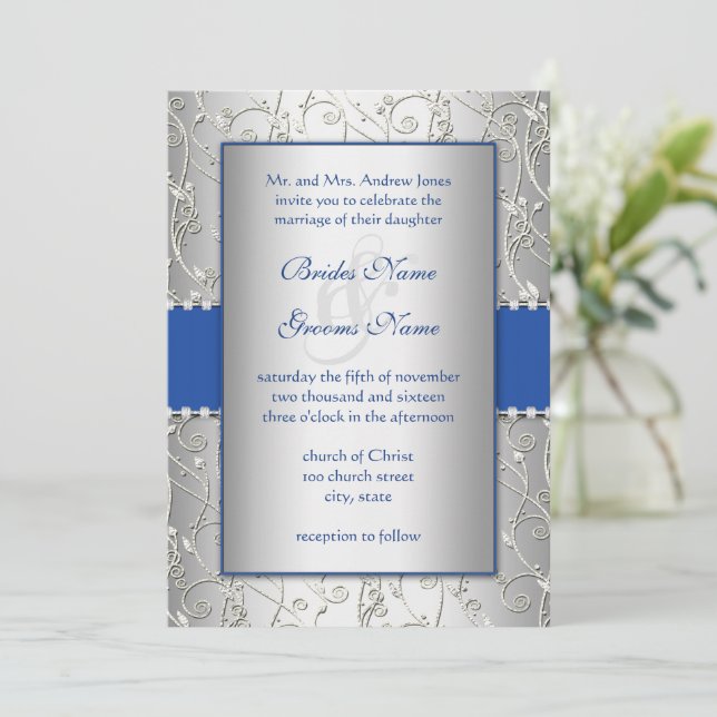 Monogram Royal Blue Silver Wedding Invitations (Standing Front)