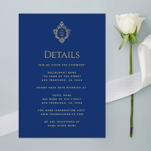 Monogram Royal Blue Wedding Details Gold Crest Enclosure Card