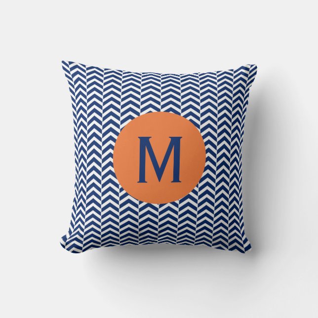 Monogram Royal Blue with Orange Chevron Pattern Cushion (Front)