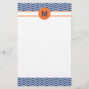 Monogram Royal Blue with Orange Chevron Pattern Stationery