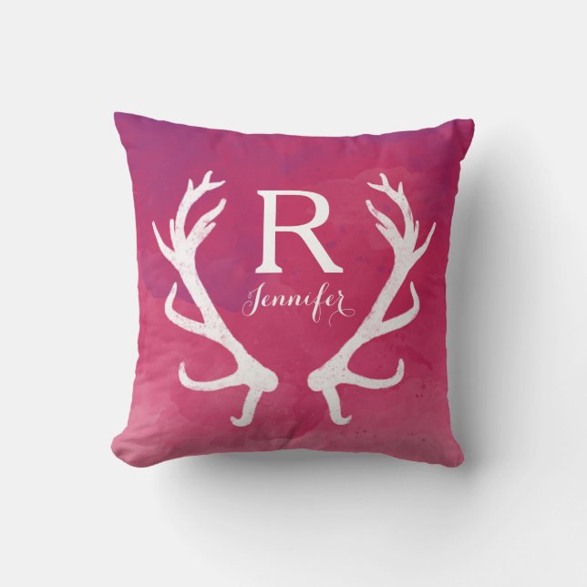 Monogram Rustic Antlers Watercolor Bright Pink Cushion (Front)
