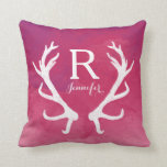 Monogram Rustic Antlers Watercolor Bright Pink Cushion<br><div class="desc">A bright watercolor background with splashes and paintbrush strokes of red, pink and purple lays the foundation for a beautiful, trendy item. Personalise it with your name and monogram! A pair of rustic white european deer antlers adds a touch of country. Makes an artistic gift for those who also appreciate...</div>
