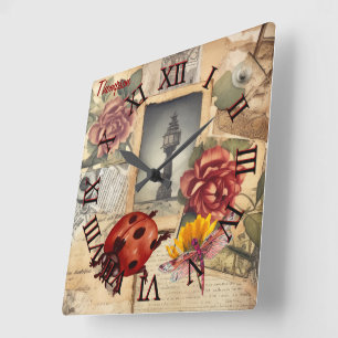 Monogram rustic background floral and dragonfly  square wall clock