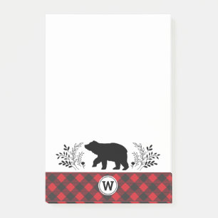 Monogram Rustic Bear Buffalo Plaid Post-it Notes
