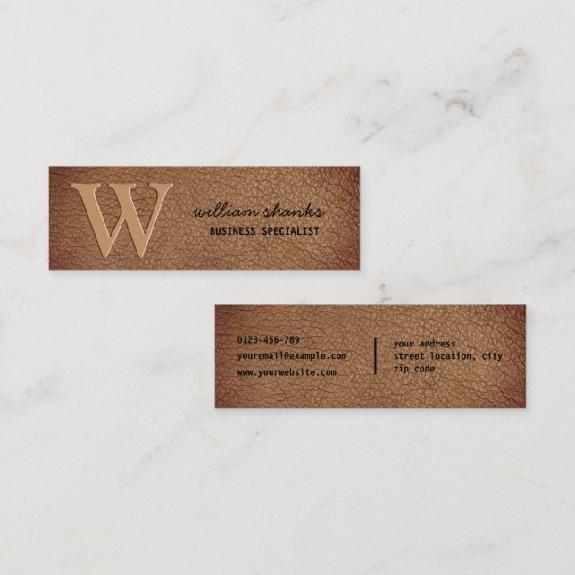 Monogram rustic black script brown leather mini business card (Front/Back)