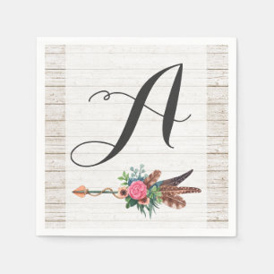 Monogram Rustic Bohemian Feathers Arrow Wedding Napkin