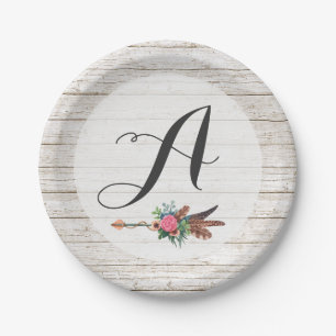 Monogram Rustic Bohemian Feathers Arrow Wedding Paper Plate