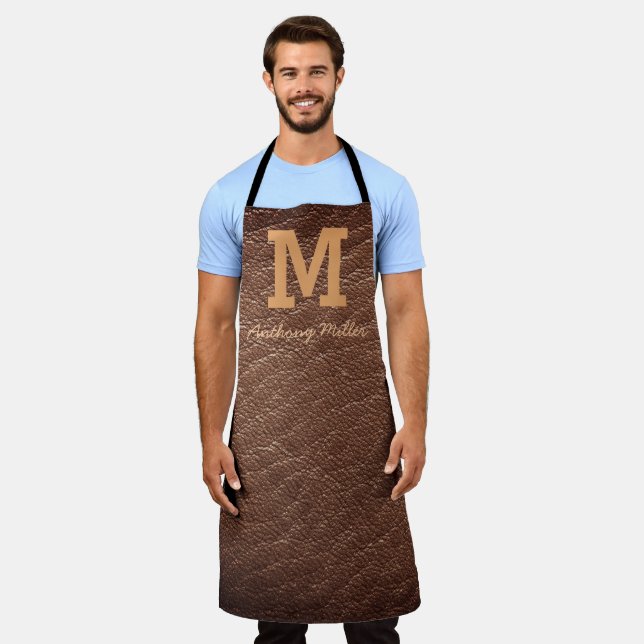 Monogram Rustic Brown Leather Name Script Modern Apron (Worn)