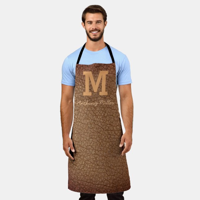 Monogram Rustic Brown Leather Name Script Modern Apron (Worn)