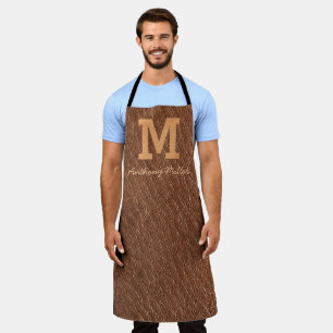 Monogram Rustic Brown Leather Name Script Modern Apron