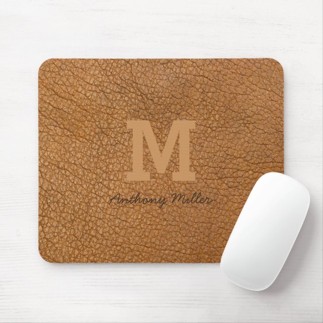 Monogram Rustic Brown Leather Name Script Modern Mouse Mat (With Mouse)