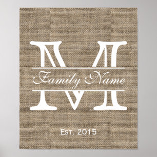 Monogram Rustic Burlap Family Name Poster