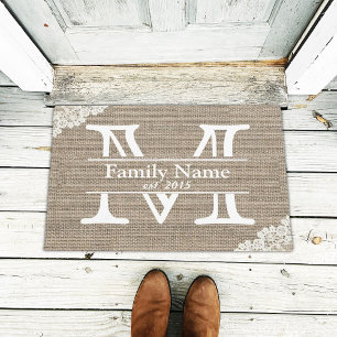 Monogram Rustic Burlap & Lace Family Name Doormat