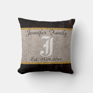 Monogram Rustic Burlap Linen Wood Look Cushion
