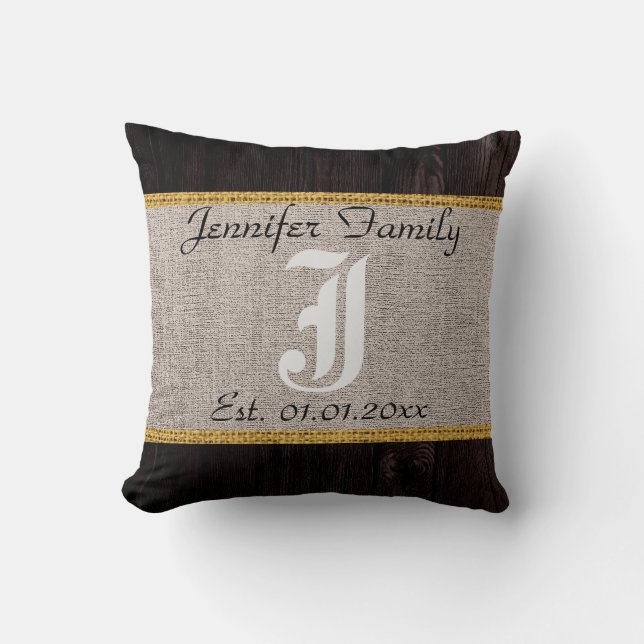 Monogram Rustic Burlap Linen Wood Look Cushion (Front)