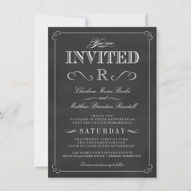 Monogram Rustic Chalkboard Wedding Invitations (Front)