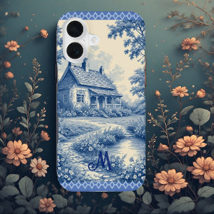 Monogram Rustic Cottage French Toile Blue Romantic iPhone 16 Case