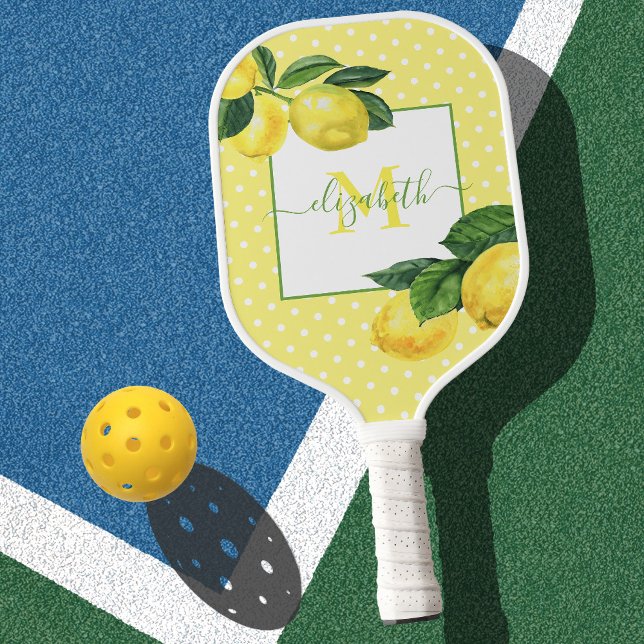 Monogram rustic country lemon watercolor polka dot pickleball paddle (Creator Uploaded)