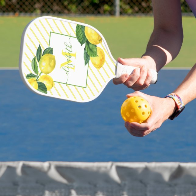 Monogram rustic country lemons watercolor stripes pickleball paddle (Insitu)