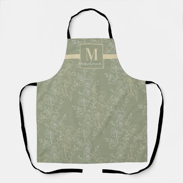 Monogram Rustic Daisies on Sage Green Apron (Front)
