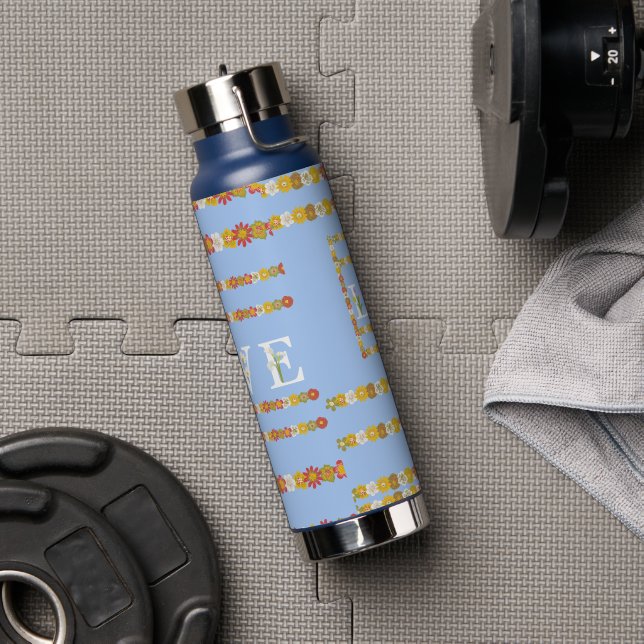 Monogram Rustic Daisy Floral Love Blue  Water Bottle (Gym)