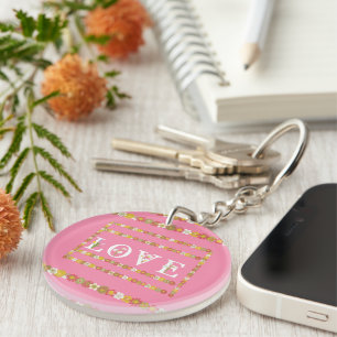 Monogram Rustic Daisy Floral Pink  Key Ring