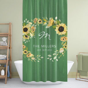 Monogram rustic farmhouse sunflowers wreath green shower curtain