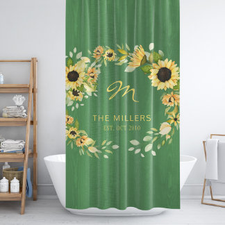 Monogram rustic farmhouse sunflowers wreath green shower curtain