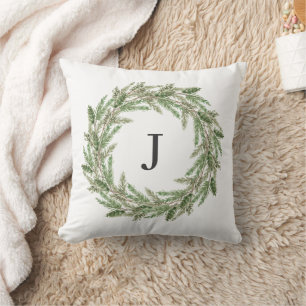 Monogram Rustic Greenery Pine Wreath Holiday Cushion