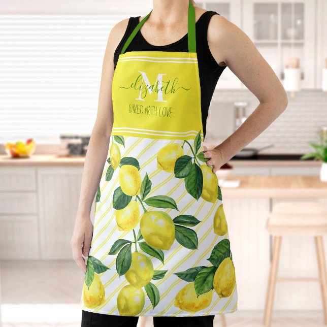 Monogram rustic modern lemons watercolor stripes apron (Creator Uploaded)