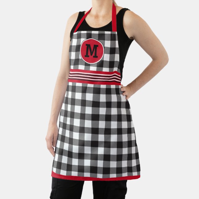 Monogram Rustic Red Black White Buffalo Plaid Apron (Insitu)