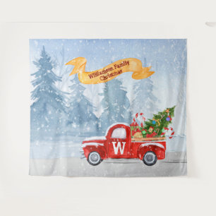 Monogram Rustic Red Christmas Truck Snow Backdrop Tapestry