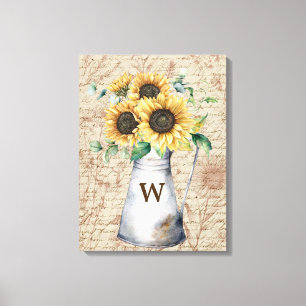 Monogram Rustic Sunflower Vintage Letter Decoupage Canvas Print