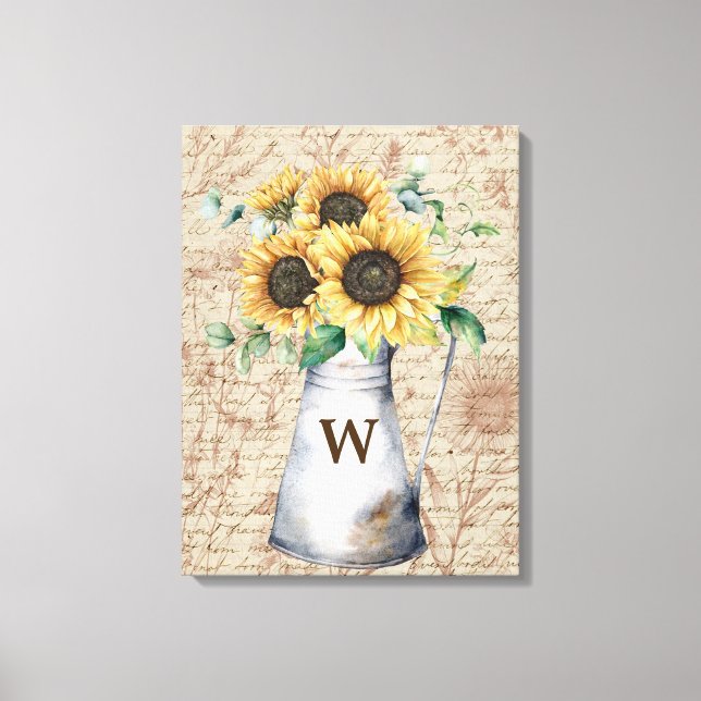 Monogram Rustic Sunflower Vintage Letter Decoupage Canvas Print (Front)