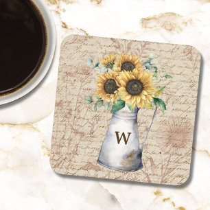 Monogram Rustic Sunflower Vintage Letter Decoupage Coaster