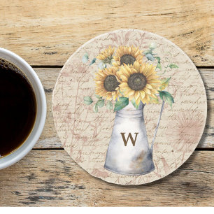 Monogram Rustic Sunflower Vintage Letter Decoupage Coaster