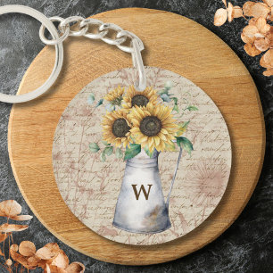 Monogram Rustic Sunflower Vintage Letter Decoupage Key Ring