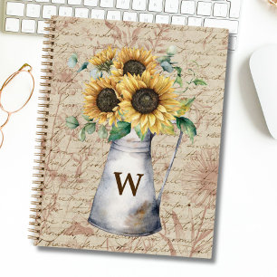 Monogram Rustic Sunflower Vintage Letter Decoupage Notebook