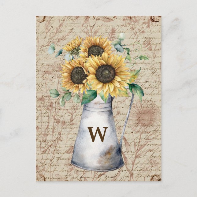Monogram Rustic Sunflower Vintage Letter Decoupage Postcard (Front)