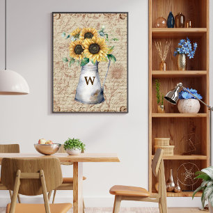 Monogram Rustic Sunflower Vintage Letter Decoupage Poster
