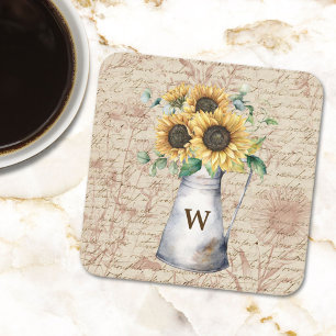 Monogram Rustic Sunflower Vintage Letter Decoupage Square Paper Coaster