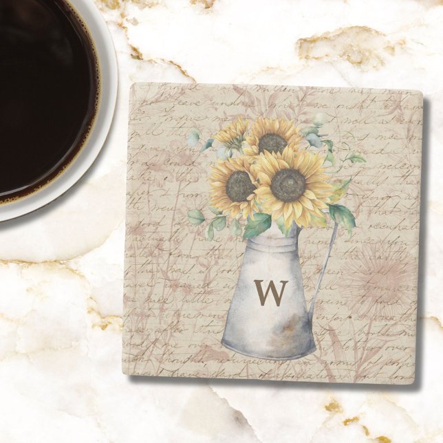 Monogram Rustic Sunflower Vintage Letter Decoupage Stone Coaster (In situ)