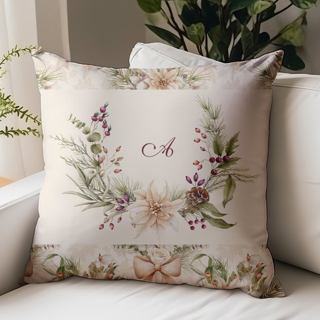 Monogram Rustic Watercolor Botanical Christmas Cushion (Creator Uploaded)