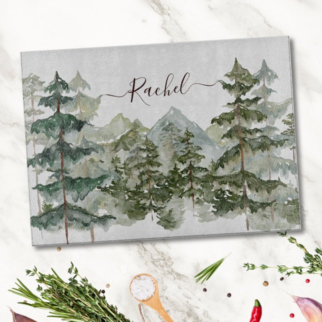 Monogram Rustic Watercolor Forest and mountain Cutting Board (In situ)