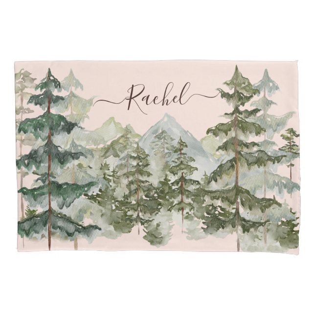 Monogram Rustic Watercolor Forest and mountain Pillowcase (Front)